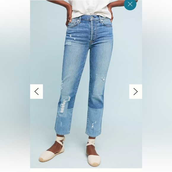 7 For All Mankind Edie High-Rise Patchwork Straight Ankle blue jeans sz 26 - Picture 1 of 13